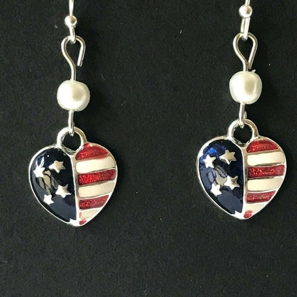 USA American Flag Heart Earrings Stars Pearls Patriotic July 4 Silver Plated - Picture 2 of 8
